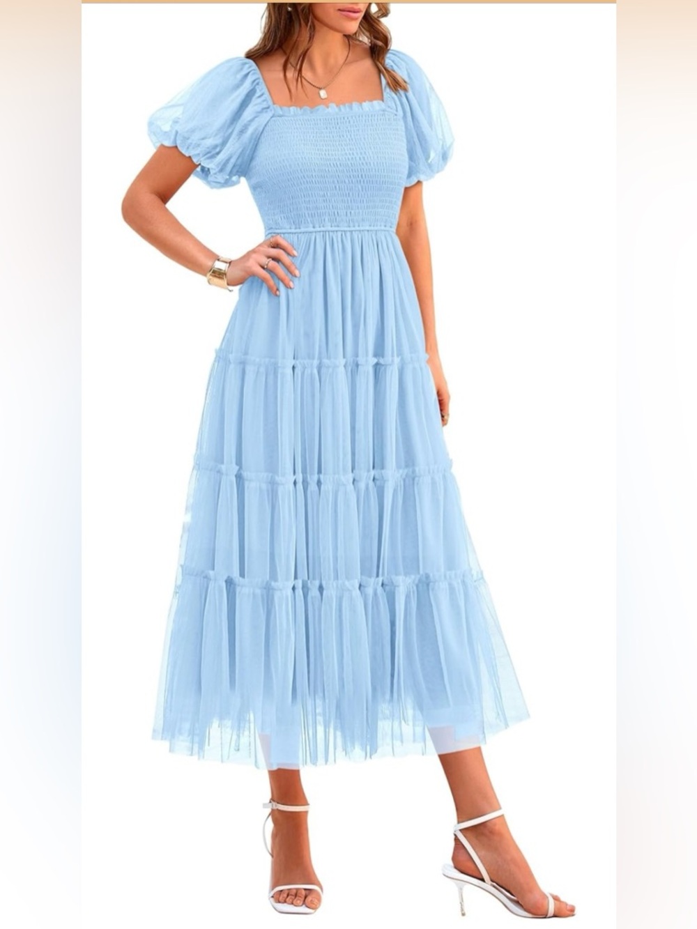 Light Blue Puff Sleeve Tulle Midi Dress